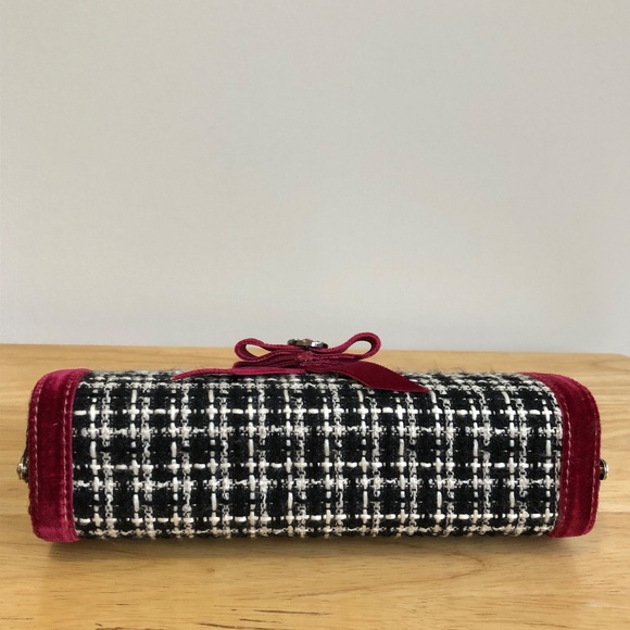 Tweed velvet bow bag purse retro kisslock style black white burgundy diamantés - Picture 4 of 6